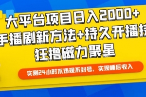 大平台项目日入2000+,快手播剧新方法+持久开播技术,狂撸磁力聚星