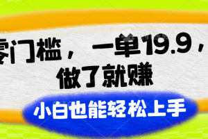 零门槛,一单19.9,做了就赚,小白也能轻松上手