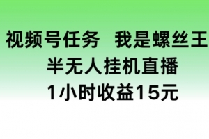 视频号任务,我是螺丝王, 半无人挂机1小时收益15元
