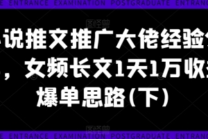 小说推文推广大佬经验分享,女频长文1天1万收益爆单思路(下)