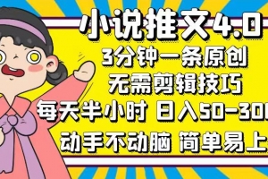 小说推文4.0,3分钟一条原创,每天半小时,日入50-300+,动手不动脑,…