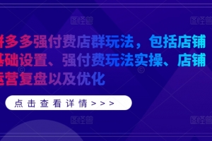 拼多多强付费店群玩法,包括店铺基础设置、强付费玩法实操、店铺运营复盘以及优化