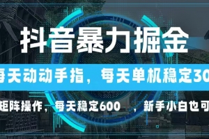 抖音暴力掘金,动动手指就可以,单机30+,可矩阵操作,每天稳定600+,…