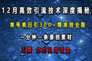 最新高效引流技术深度揭秘 ,单号单日引300+精准创业粉,一分钟一条原创素材,引爆你的私域流量