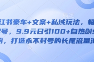 小红书豪车+文案+私域玩法,极速起号,9.9元日引100+自热创业粉,打造永不封号的长尾流量池