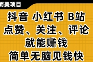 小而美的项目,抖音小红书B站视频点赞、关注、评论就能挣钱,简单无脑立见收益,妥妥的零撸项目