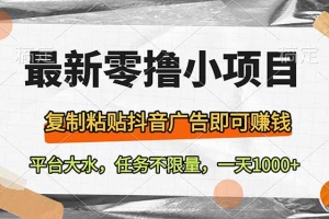 最新零撸小项目,复制粘贴抖音广告即可赚钱,平台大水,任务不限量,一…