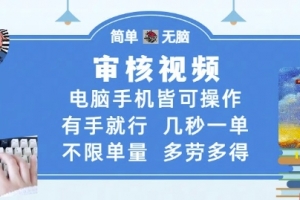 审核视频,电脑手机皆可操作,有手就行,几秒一单,不限单量,多劳多得